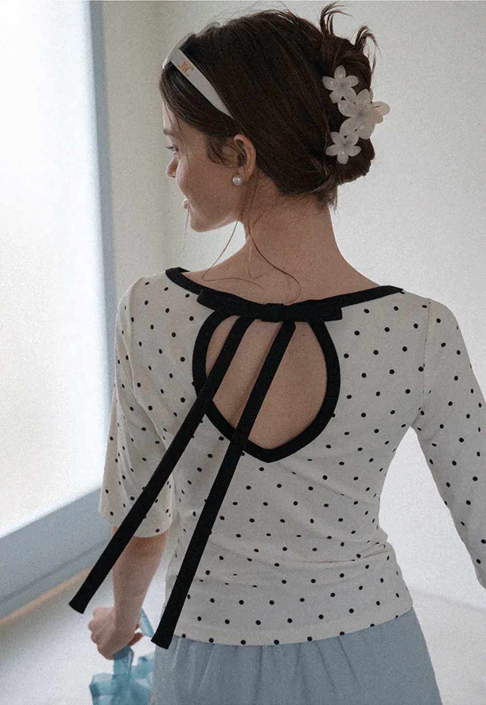Polka Dot Print Tie Back Short Sleeve Top