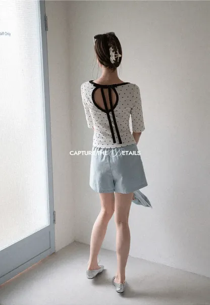 Polka Dot Print Tie Back Short Sleeve Top