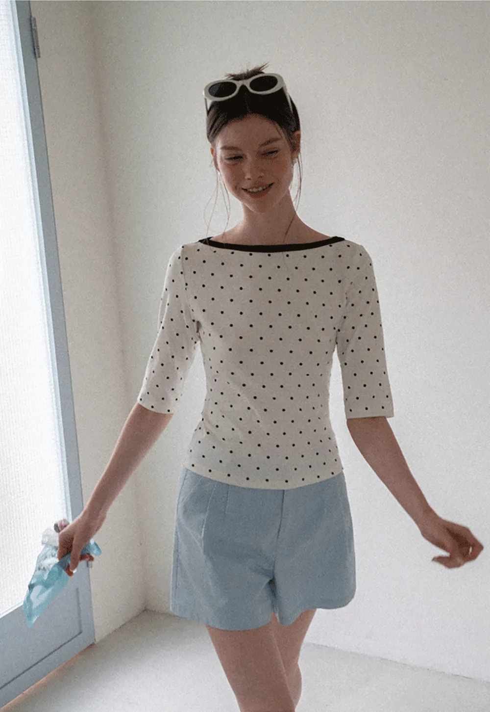 Polka Dot Print Tie Back Short Sleeve Top