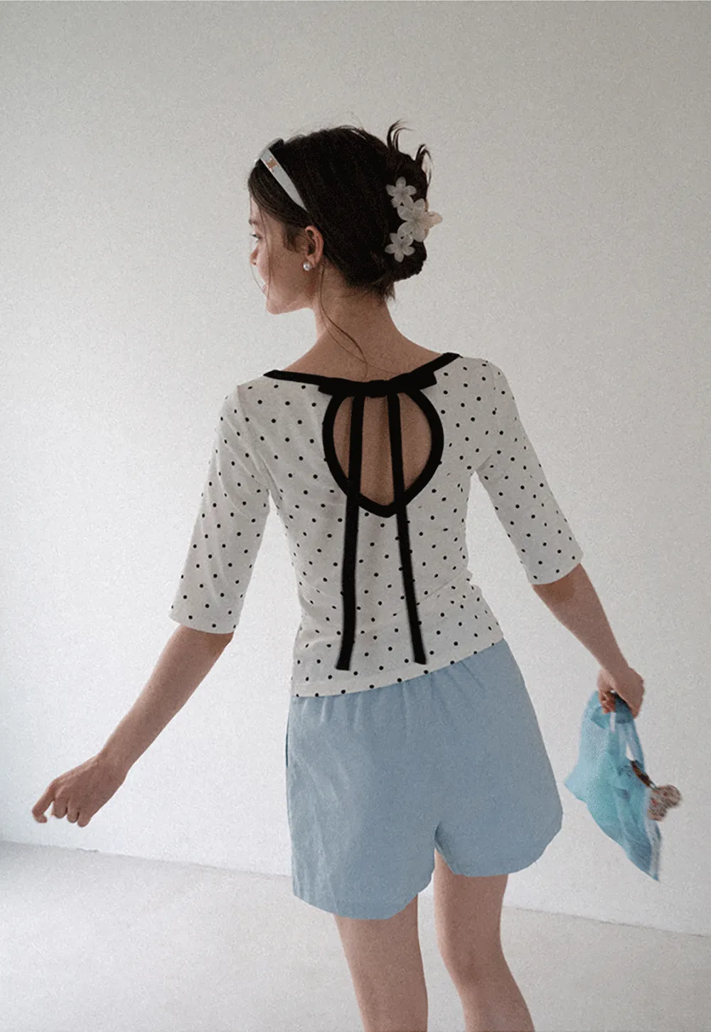 Polka Dot Print Tie Back Short Sleeve Top
