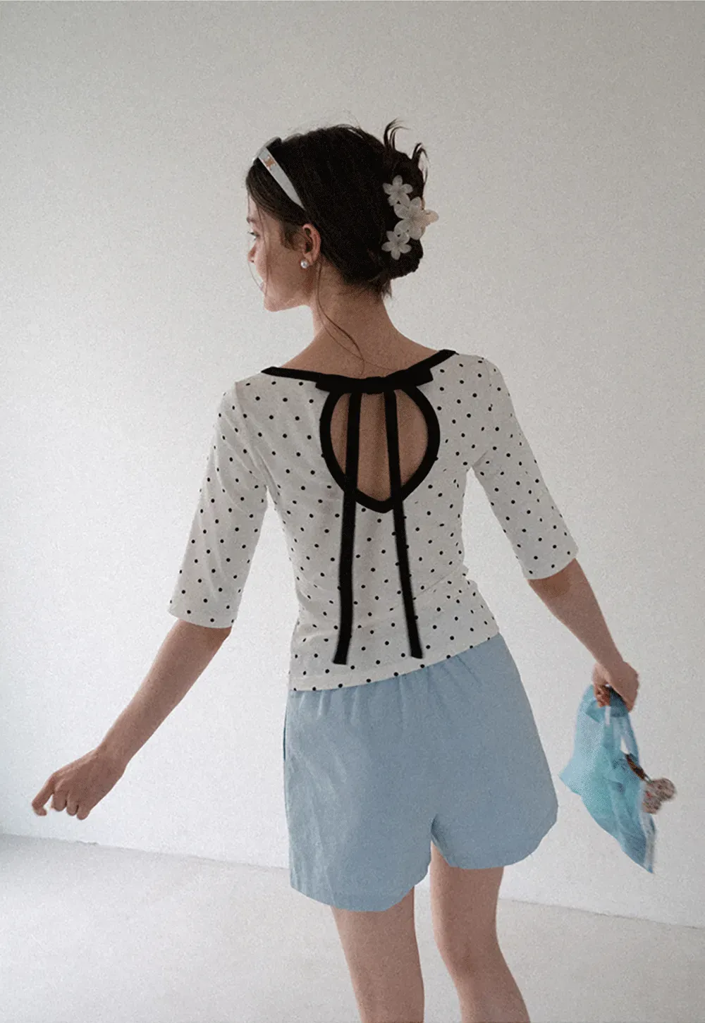 Polka Dot Print Tie Back Short Sleeve Top