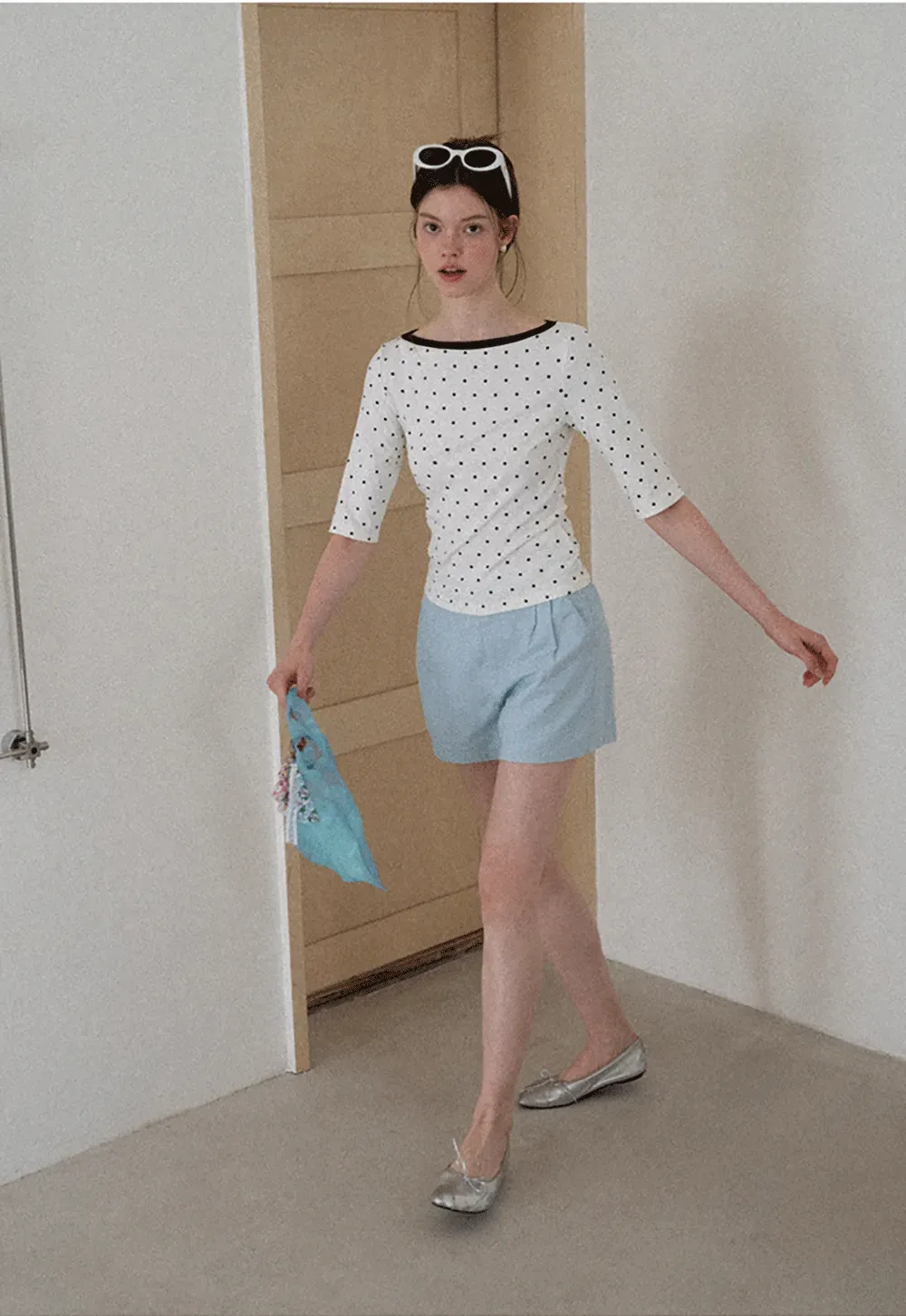 Polka Dot Print Tie Back Short Sleeve Top