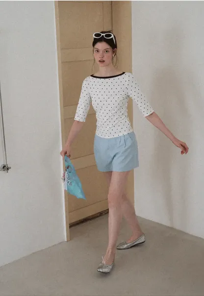 Polka Dot Print Tie Back Short Sleeve Top