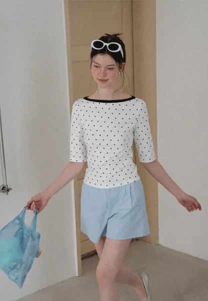 Polka Dot Print Tie Back Short Sleeve Top