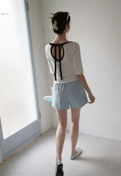Polka Dot Print Tie Back Short Sleeve Top