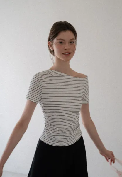 Asymmetrical Neckline Striped Short Sleeve T Shirt