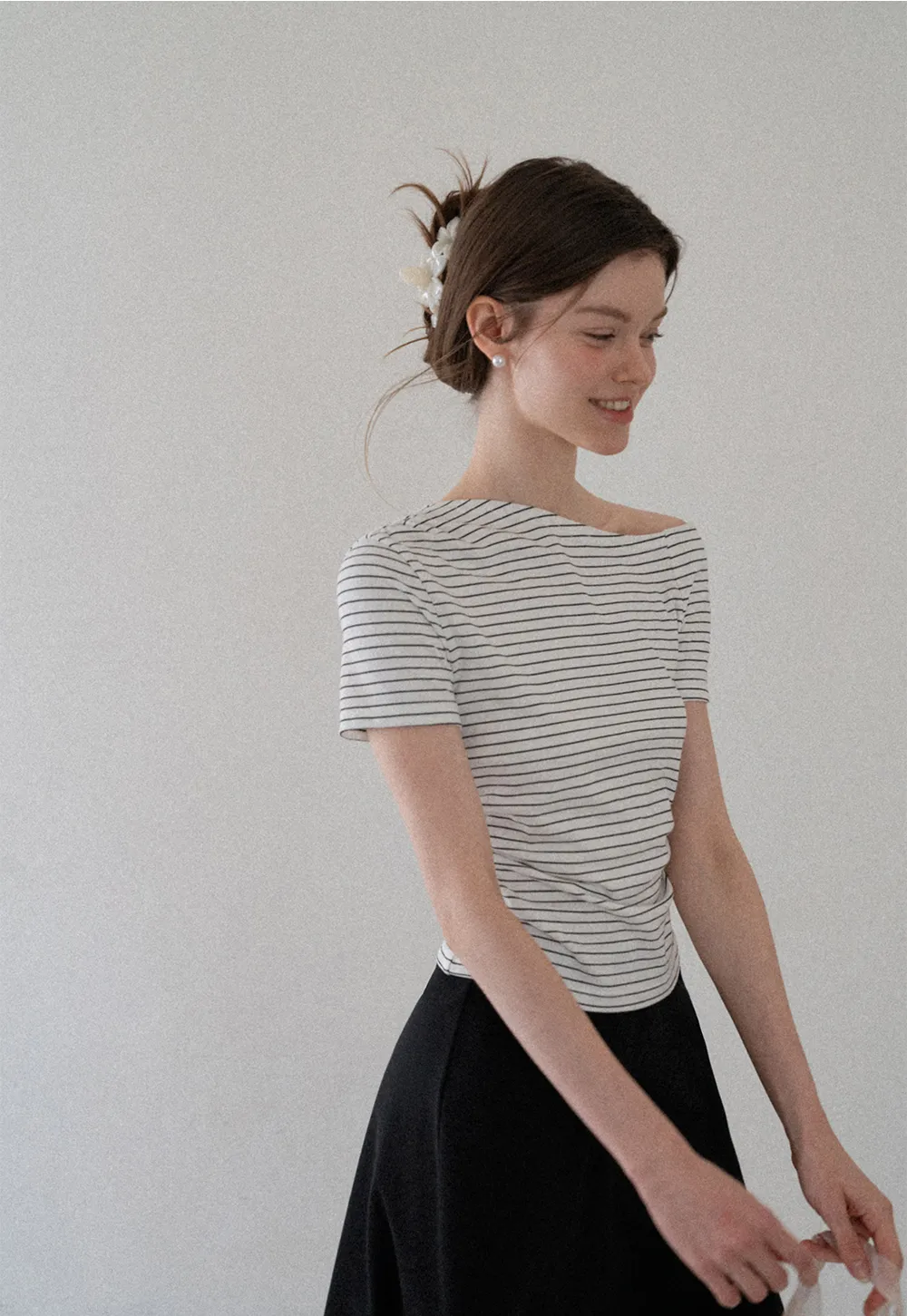 Asymmetrical Neckline Striped Short Sleeve T Shirt