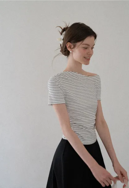 Asymmetrical Neckline Striped Short Sleeve T Shirt