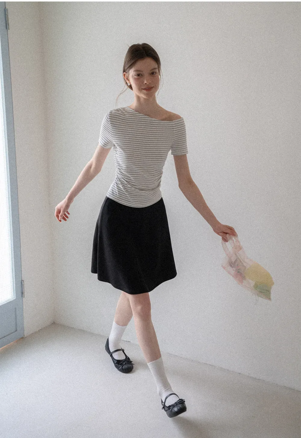 Asymmetrical Neckline Striped Short Sleeve T Shirt