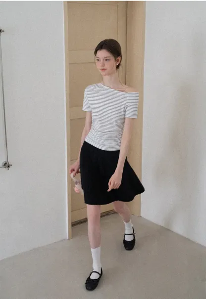 Asymmetrical Neckline Striped Short Sleeve T Shirt