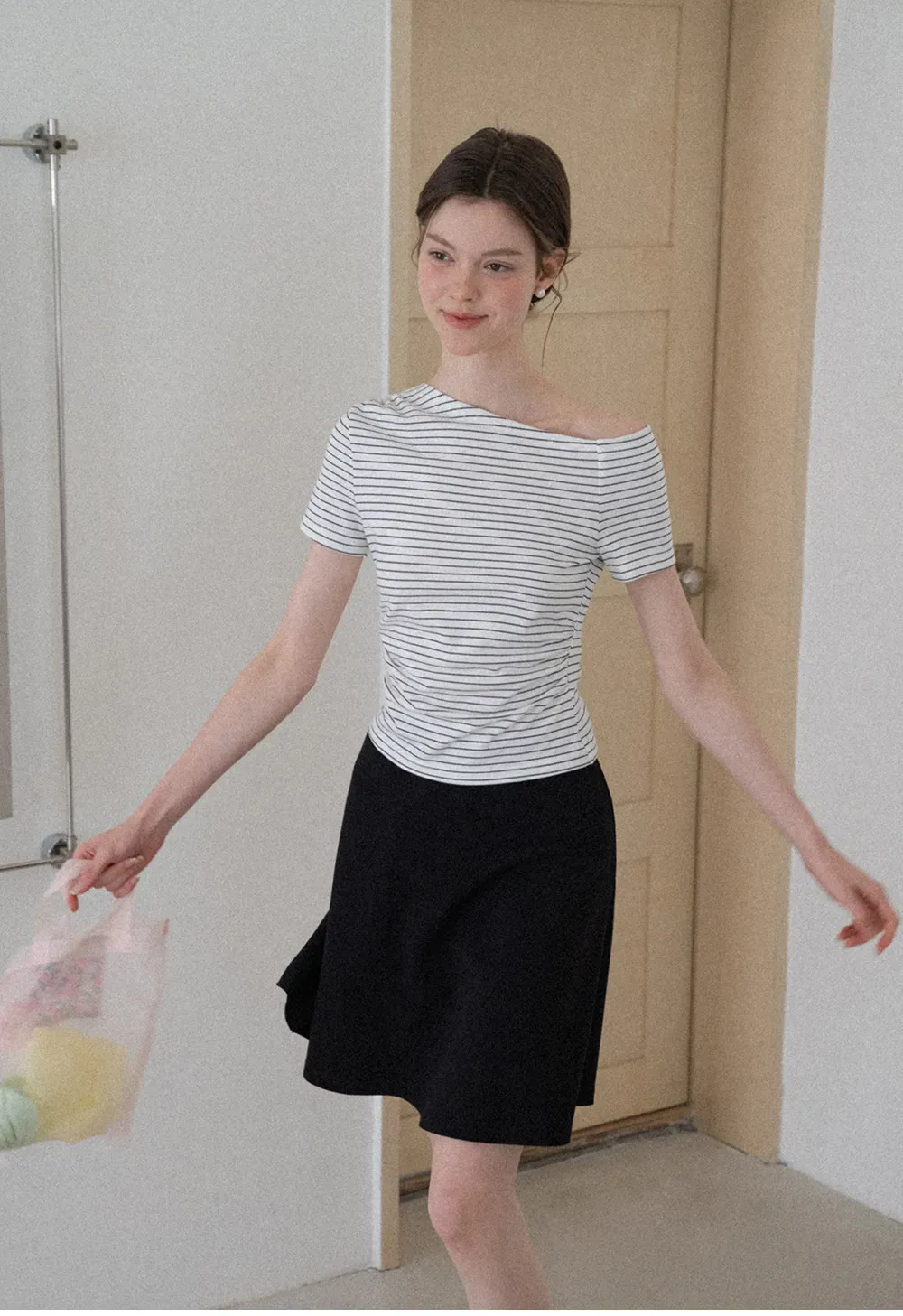 Asymmetrical Neckline Striped Short Sleeve T Shirt