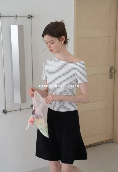 Asymmetrical Neckline Striped Short Sleeve T Shirt