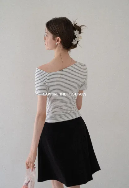 Asymmetrical Neckline Striped Short Sleeve T Shirt