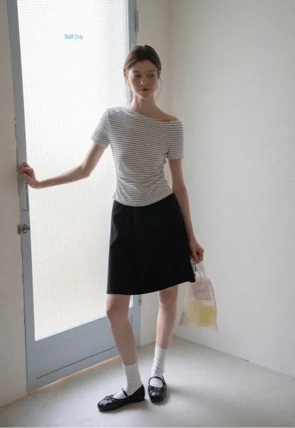 Asymmetrical Neckline Striped Short Sleeve T Shirt