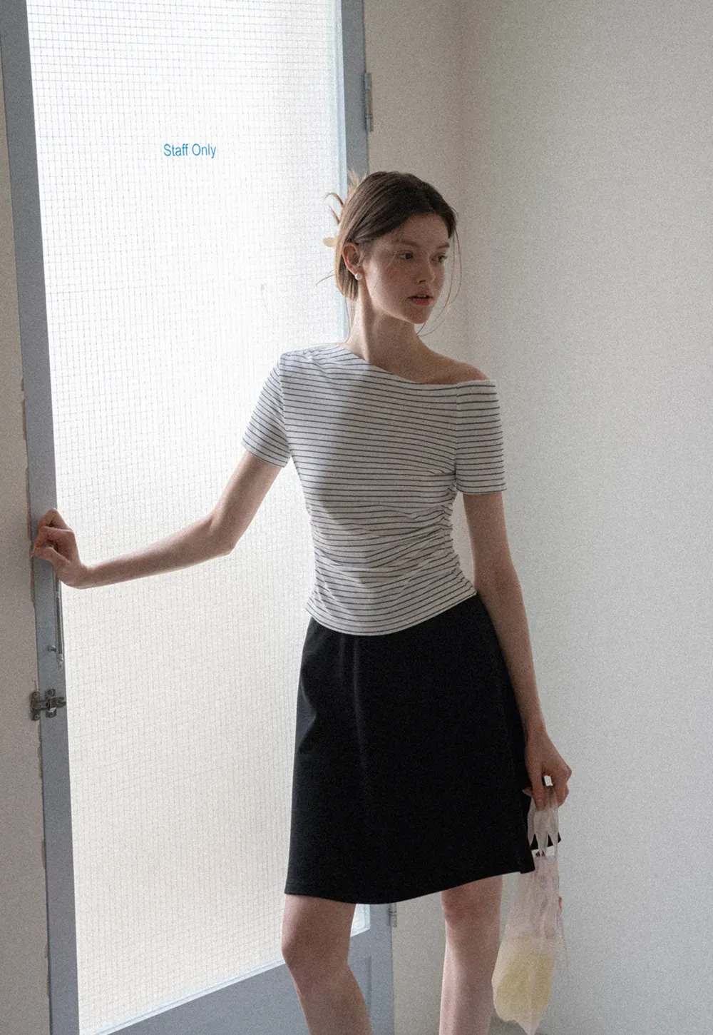 Asymmetrical Neckline Striped Short Sleeve T Shirt