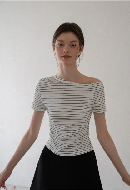 Asymmetrical Neckline Striped Short Sleeve T Shirt
