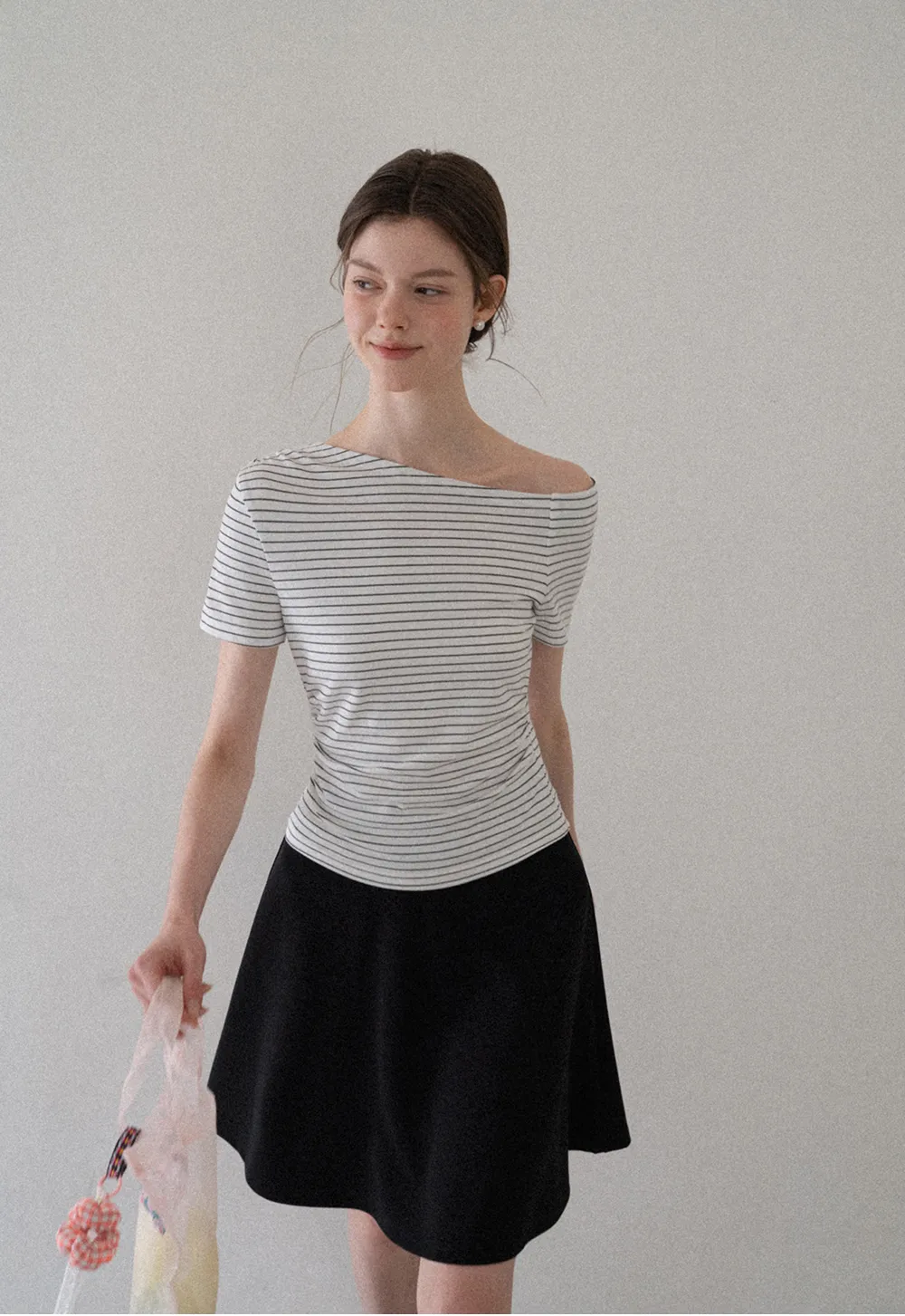 Asymmetrical Neckline Striped Short Sleeve T Shirt