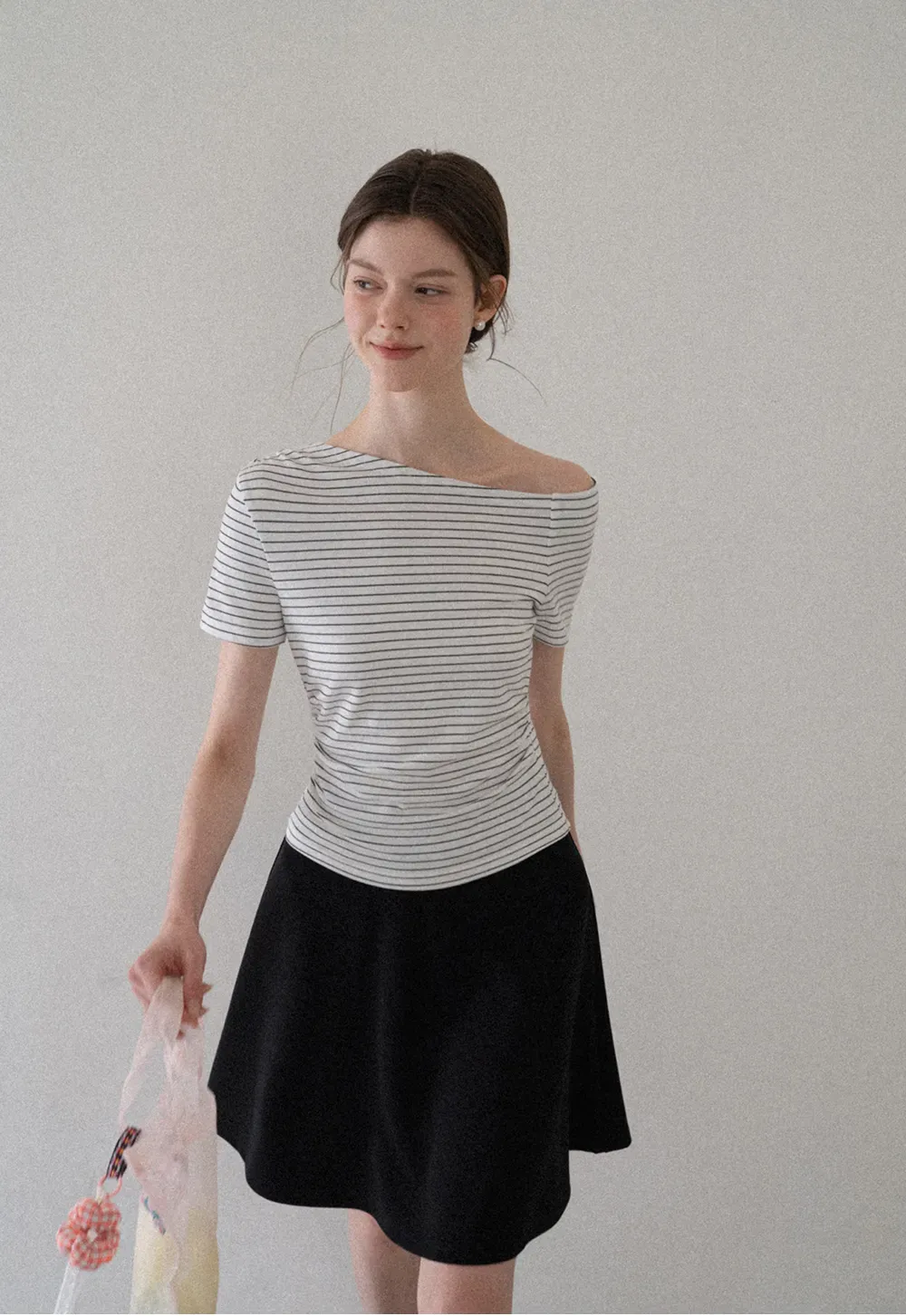 Asymmetrical Neckline Striped Short Sleeve T Shirt