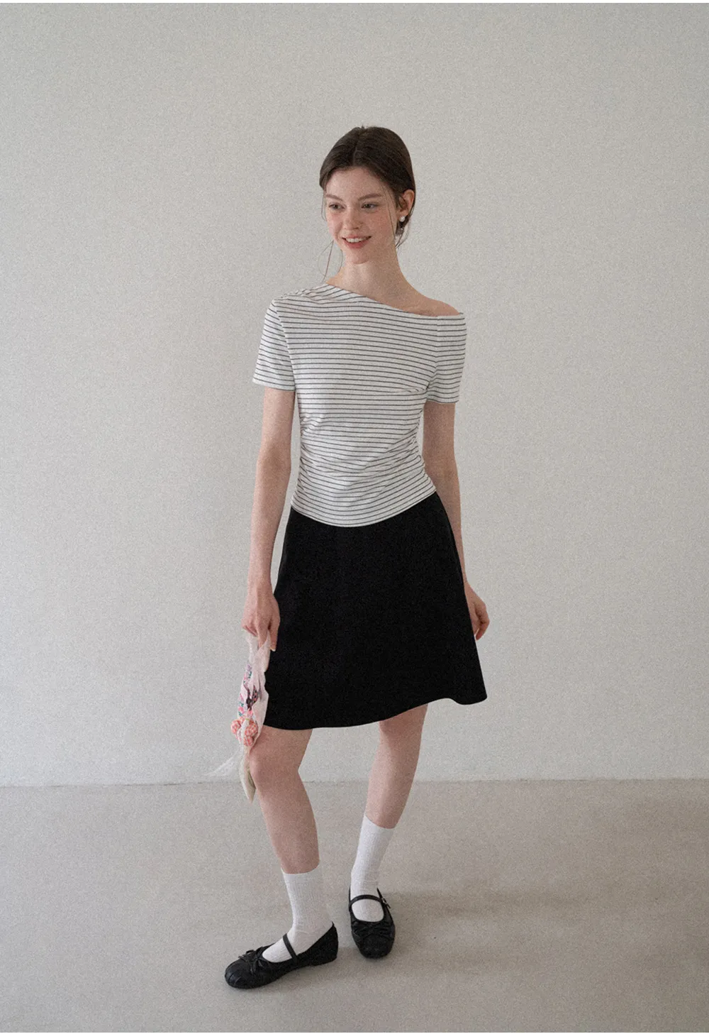 Asymmetrical Neckline Striped Short Sleeve T Shirt