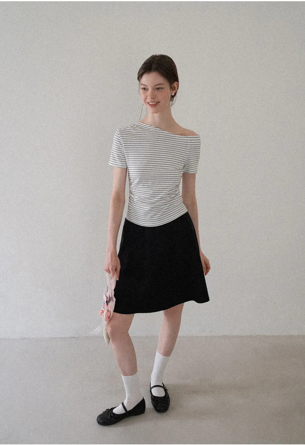 Asymmetrical Neckline Striped Short Sleeve T Shirt
