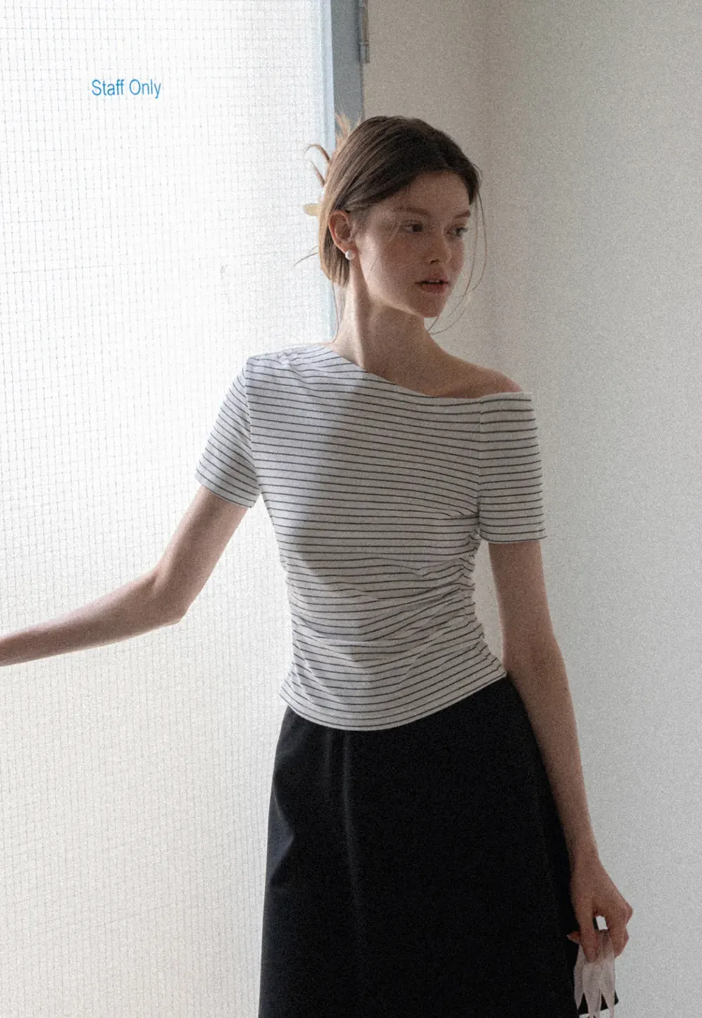 Asymmetrical Neckline Striped Short Sleeve T Shirt
