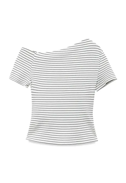 Asymmetrical Neckline Striped Short Sleeve T Shirt