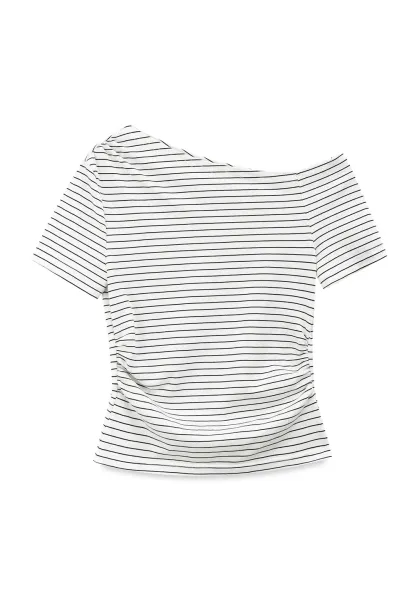 Asymmetrical Neckline Striped Short Sleeve T Shirt