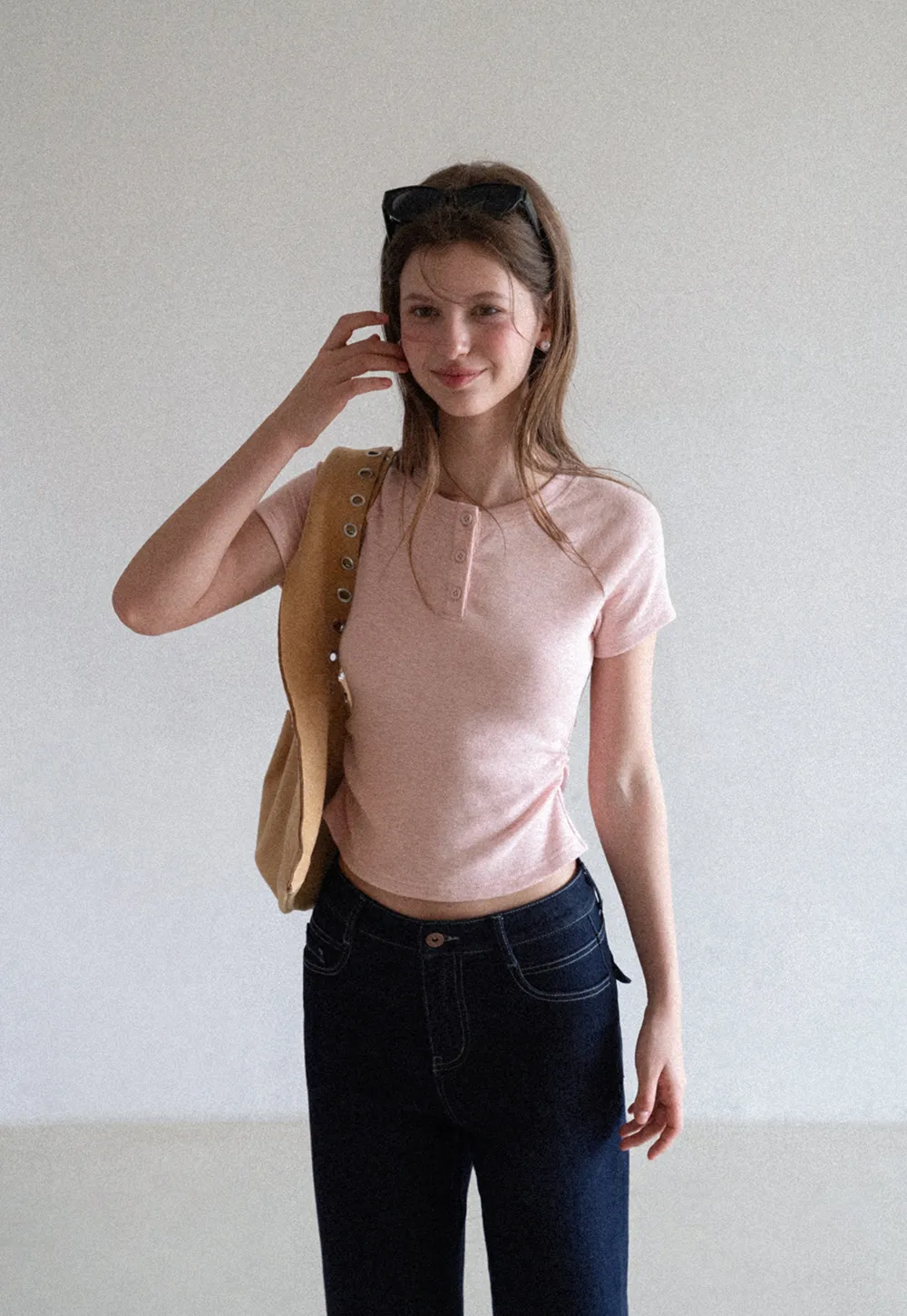 Cropped Henley Neck Short Sleeve Tshirt