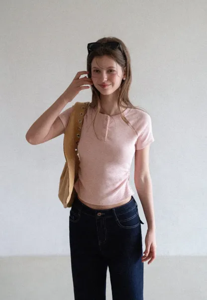 Cropped Henley Neck Short Sleeve Tshirt