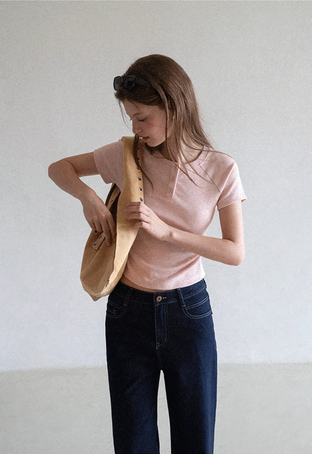 Cropped Henley Neck Short Sleeve Tshirt