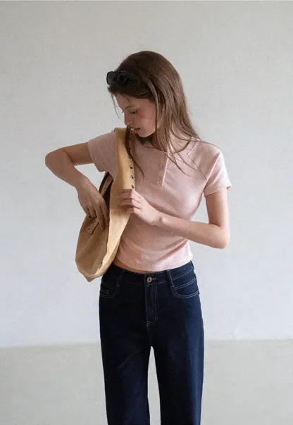 Cropped Henley Neck Short Sleeve Tshirt