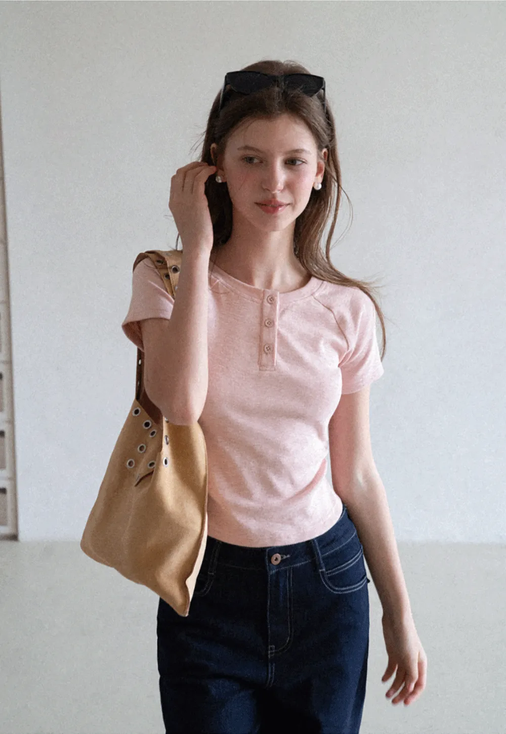 Cropped Henley Neck Short Sleeve Tshirt