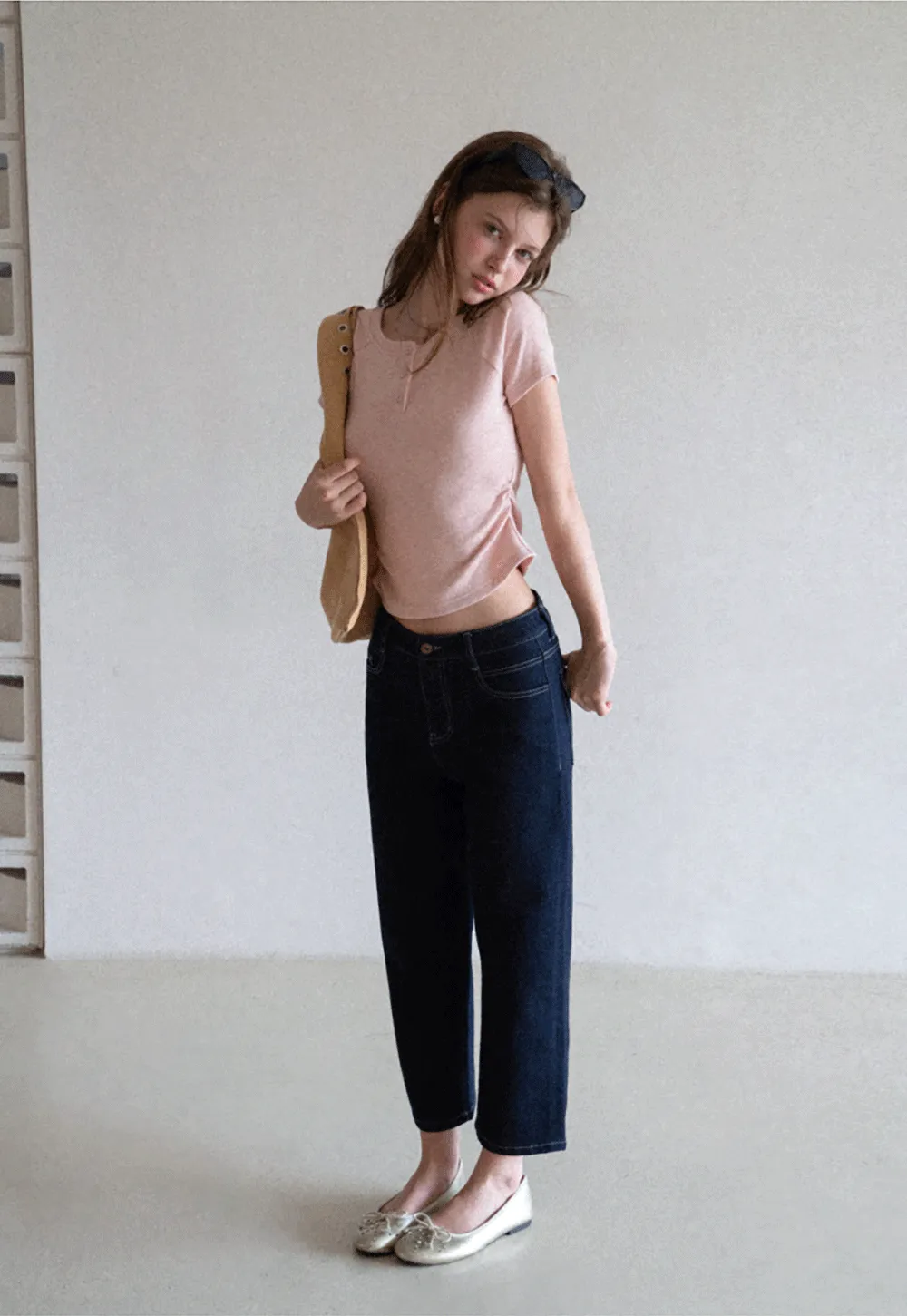 Cropped Henley Neck Short Sleeve Tshirt