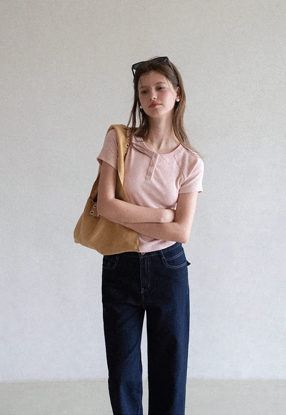 Cropped Henley Neck Short Sleeve Tshirt