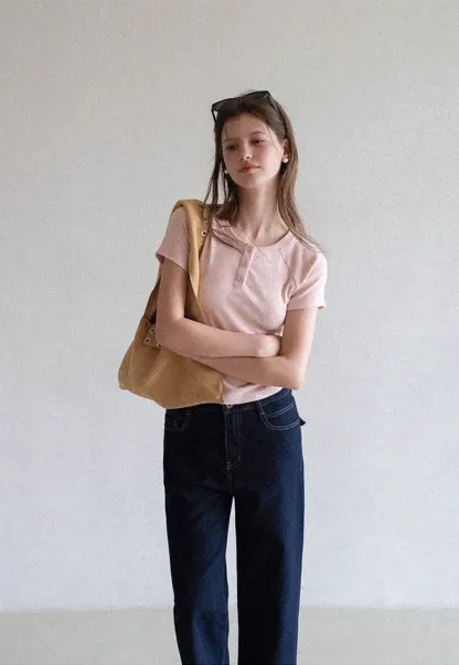 Cropped Henley Neck Short Sleeve Tshirt