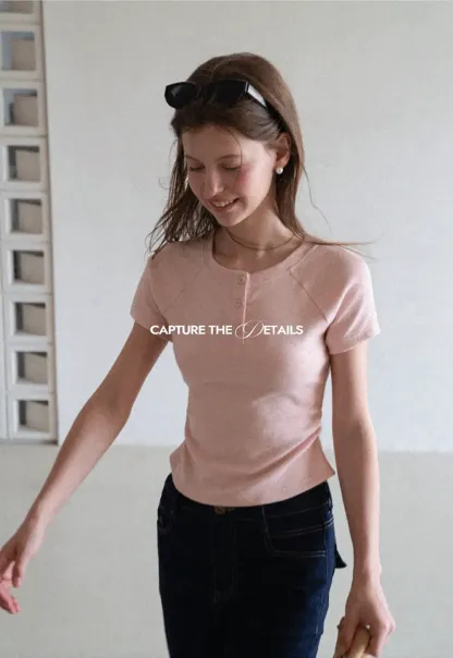 Cropped Henley Neck Short Sleeve Tshirt