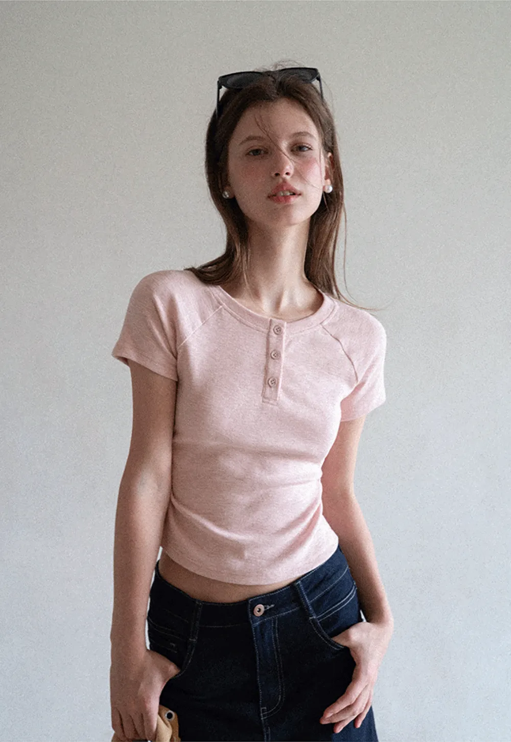 Cropped Henley Neck Short Sleeve Tshirt