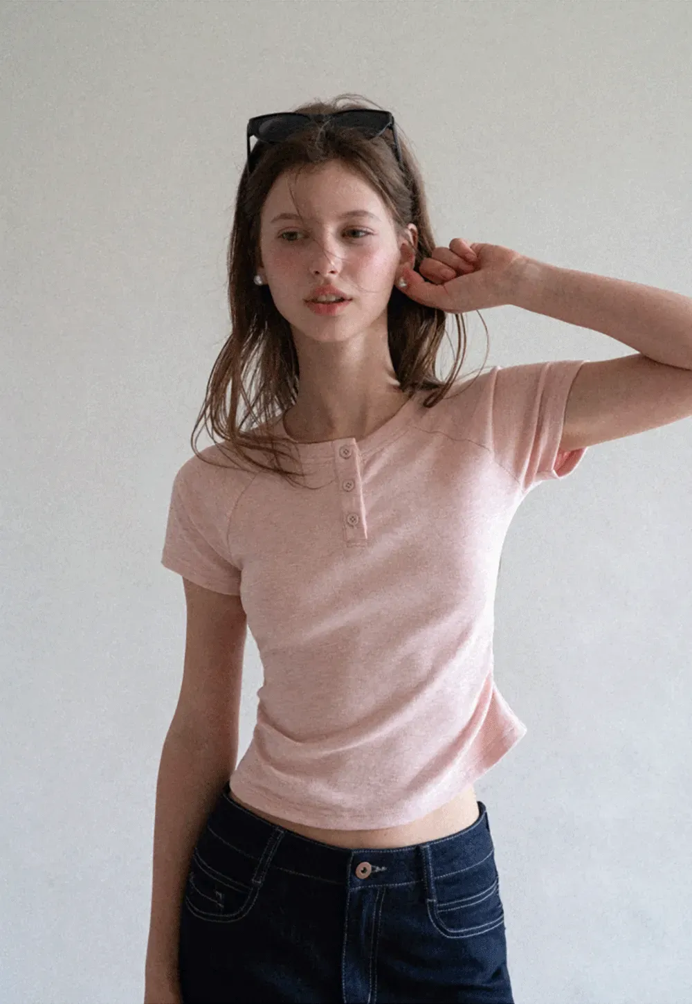 Cropped Henley Neck Short Sleeve Tshirt