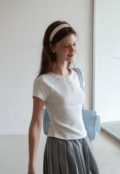 Cropped Henley Neck Short Sleeve Tshirt