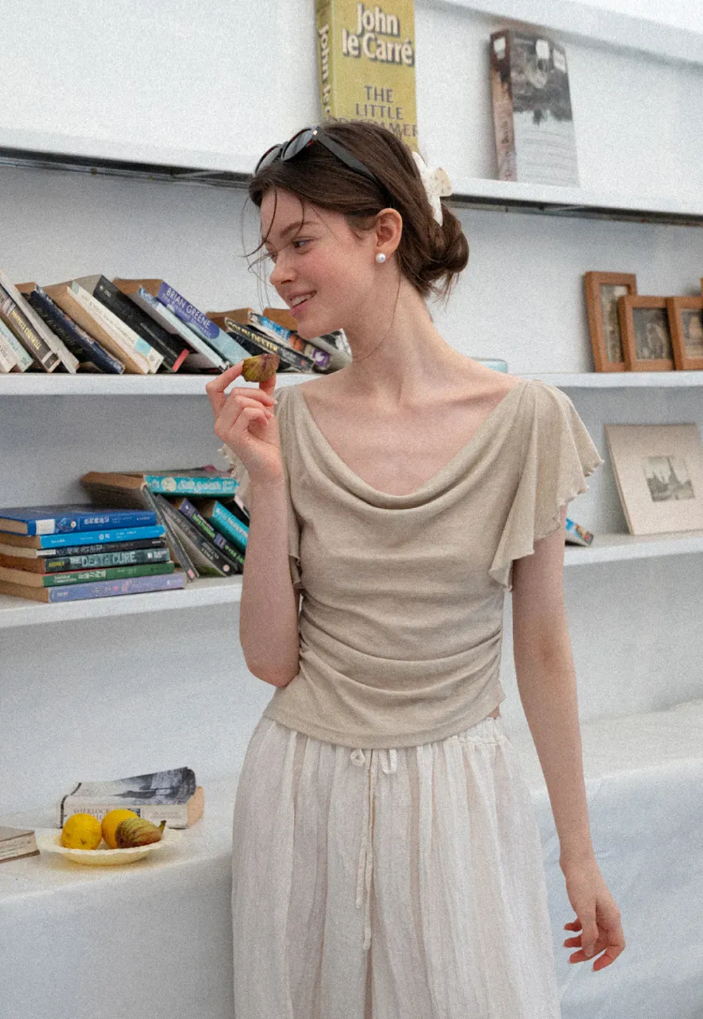Cowl Neck Ruched Short Sleeve Tshirt