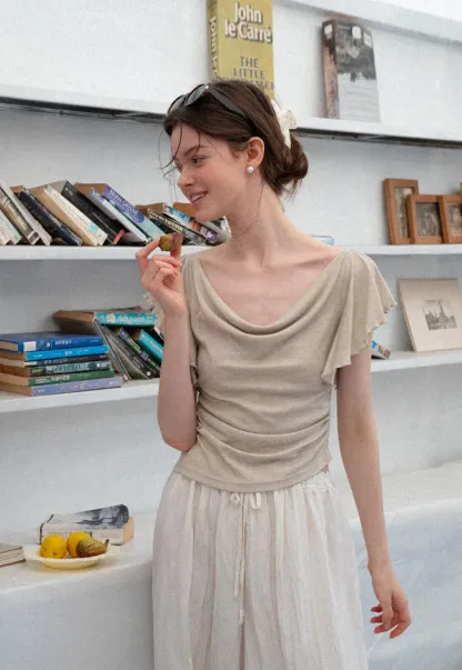 Cowl Neck Ruched Short Sleeve Tshirt