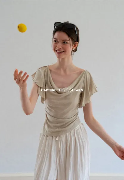 Cowl Neck Ruched Short Sleeve Tshirt