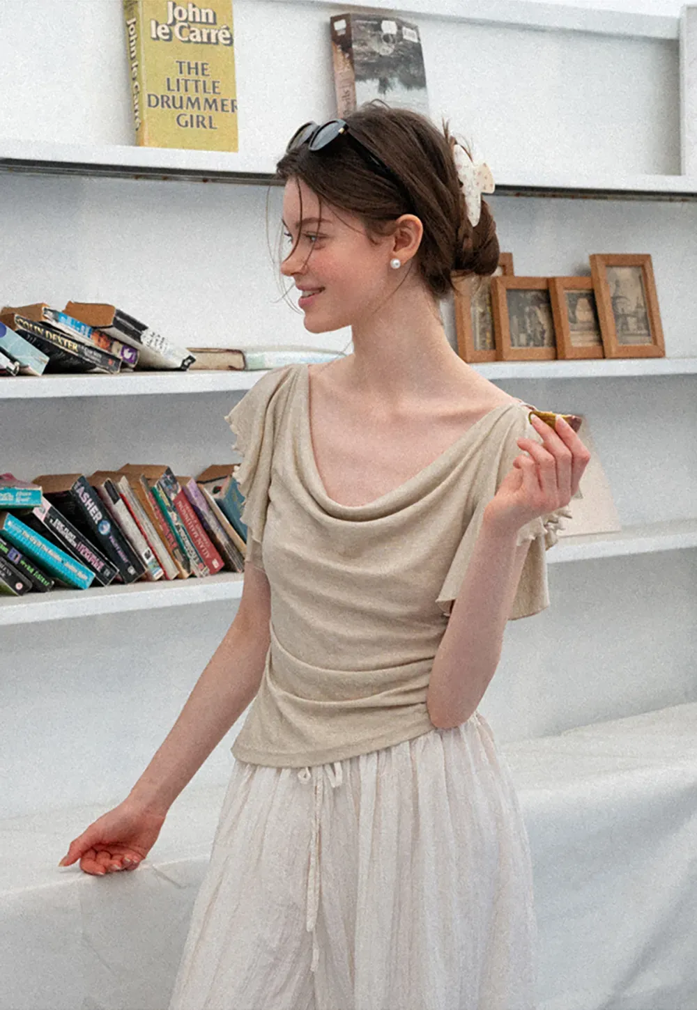 Cowl Neck Ruched Short Sleeve Tshirt