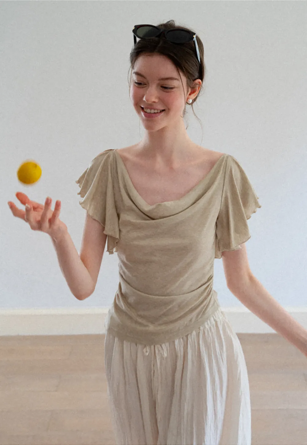 Cowl Neck Ruched Short Sleeve Tshirt
