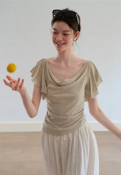Cowl Neck Ruched Short Sleeve Tshirt