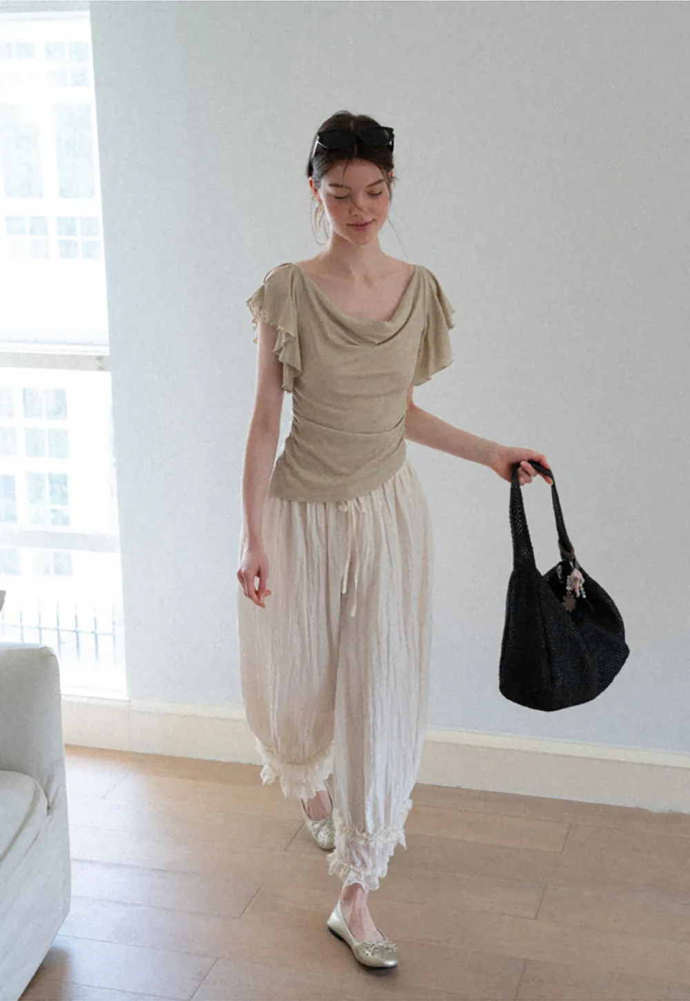 Cowl Neck Ruched Short Sleeve Tshirt