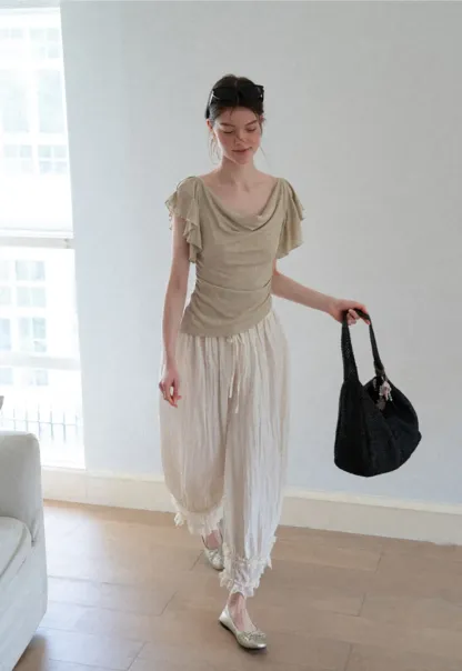 Cowl Neck Ruched Short Sleeve Tshirt