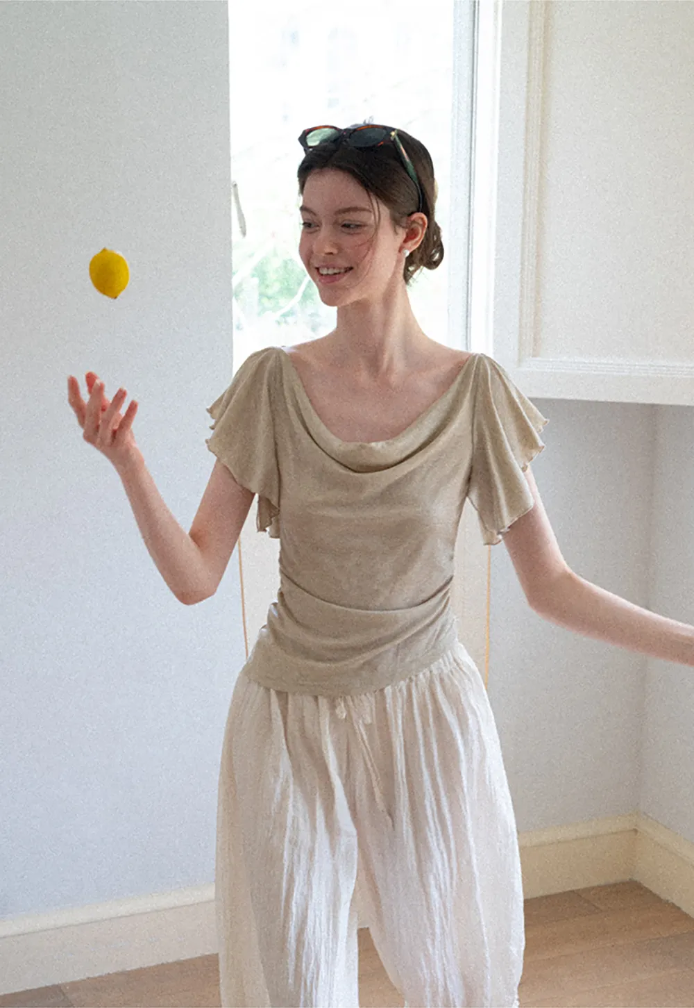 Cowl Neck Ruched Short Sleeve Tshirt