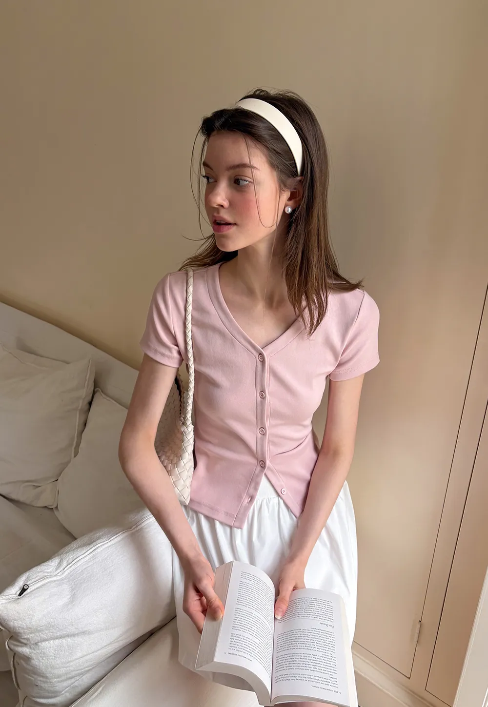 V Neck Button Front Short Sleeve Knit Top