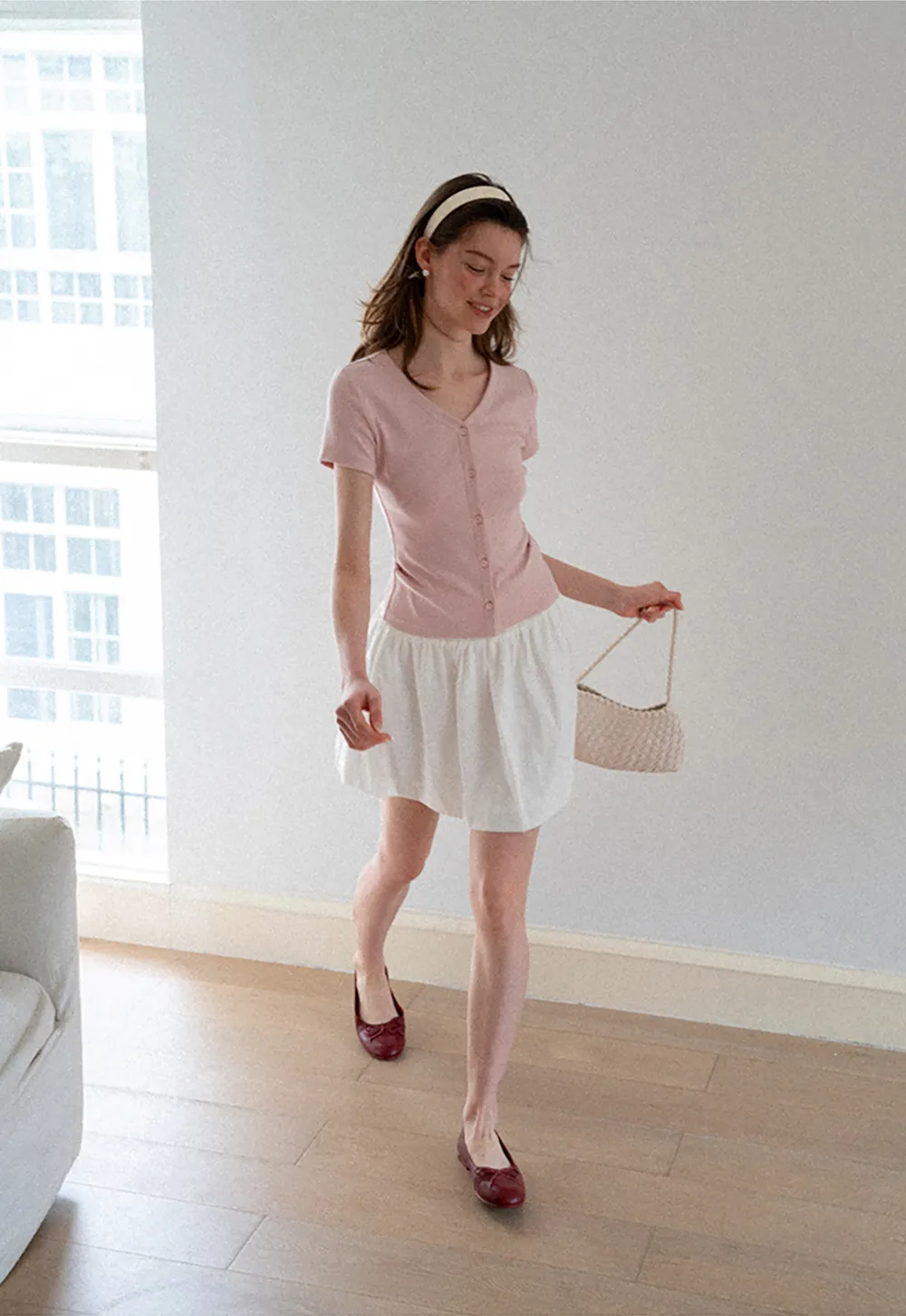 V Neck Button Front Short Sleeve Knit Top